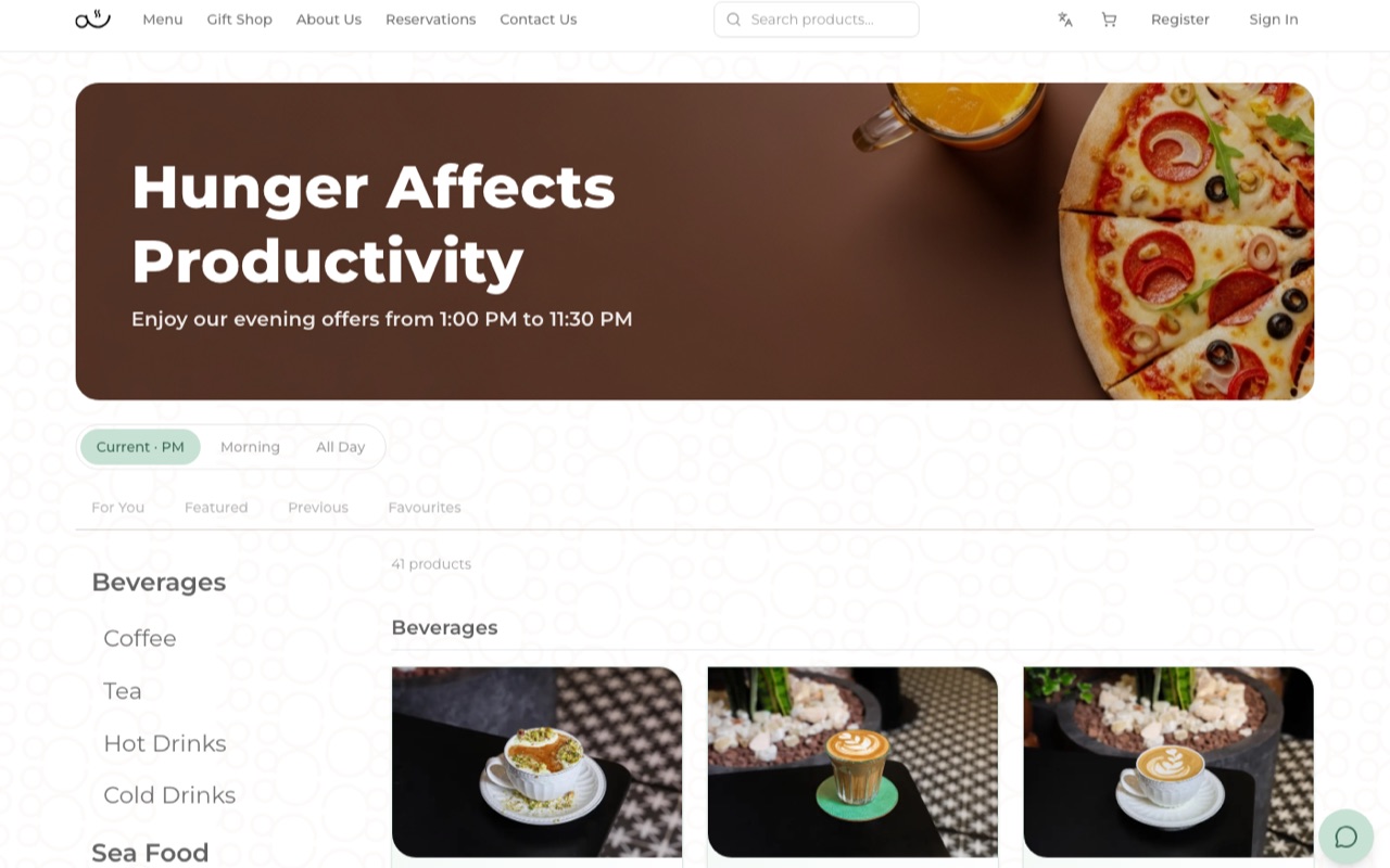 LaPausa ordering platform showing the menu, categories and product grid