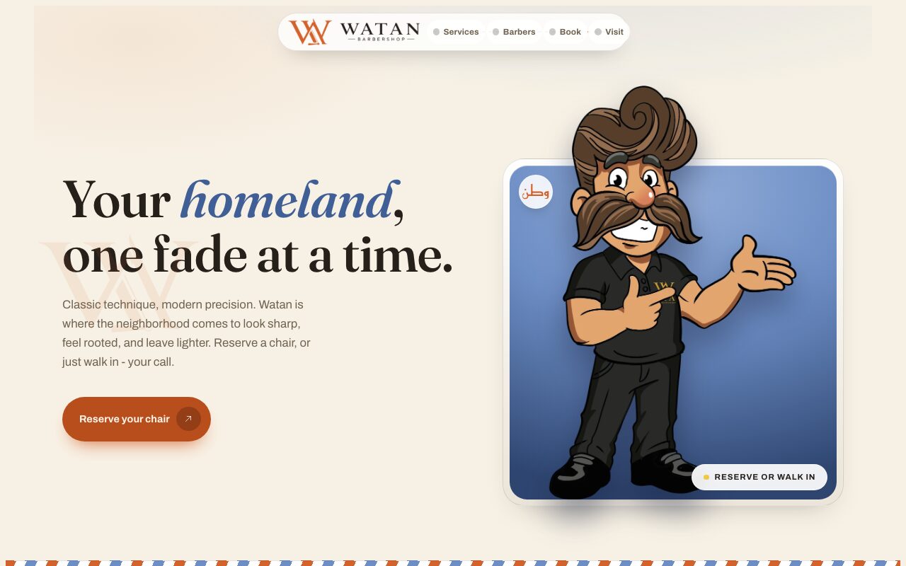 Watan Barbershop homepage with the headline and the brand character